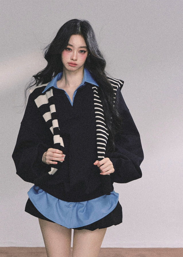 oversize sweatshirt women, layered polo sweatshirt, fake two piece top, Korean preppy style top, American college style pullover, fall winter oversized top, blue layered sweatshirt, preppy polo collar top, Korean fashion women tops, streetwear layered sweatshirt, oversized polo sweater, womens autumn casual tops
