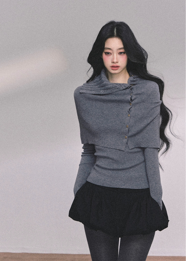 layered knit top, shawl knit two piece, Korean fashion top, Korean girl style knit, fall knit top women, winter knit set, off shoulder shawl knit, elegant Korean sweater, slim fit knit top, two piece knit outfit, gray knit long sleeve, black knit long sleeve, trendy Korean sweater, Seoul street style knit, aesthetic knitwear women, Nowa Tokyo knit top, boutique knit style, Korean American fashion top
