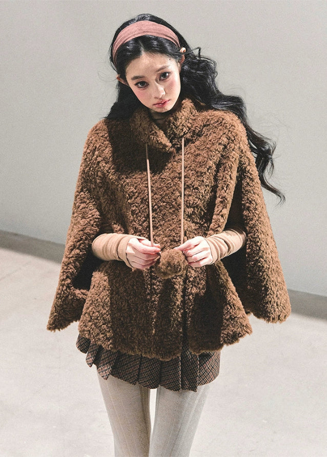 lamb wool cloak women, korean cape jacket, brown winter warm top, shearling cape coat, lambcore winter outerwear, mocha wool cloak, fw25 warm jacket women, poncho style winter coat, stand collar wool cape, cozy brown winter top
