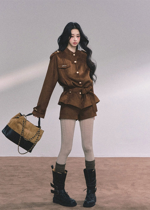 suede jacket set, suede two piece outfit, brown suede coat women, korean fashion suede set, fall winter suede suit, belted suede jacket, luxury suede co ord, trendy korean two piece outfit, soft suede autumn set, street style suede look, elegant suede jacket and shorts, boutique suede outfit women, suede utility jacket set, women's suede matching set
