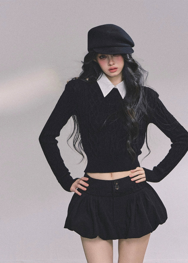 polo knit sweater, faux two piece sweater, cable knit top, slim fit knitwear, Korean style knit top, preppy polo sweater, fall winter knit sweater, layered look sweater, aesthetic knit top, casual polo knit, street style knitwear, French chic knit top, soft knit long sleeve, womens slim sweater, college style knitwear
