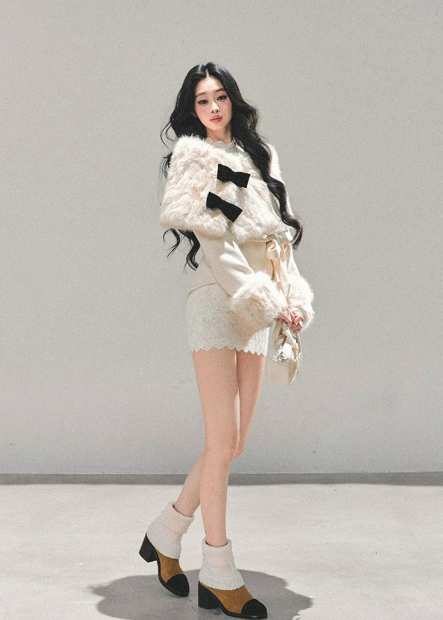 winter three piece set, fur cloak suit women, luxury holiday outfit, bow coat winter, white fur trim set, christmas light luxury clothing, winter shorts set, korean winter fashion suit, elegant fur cape outfit, fw25 womens coat set
