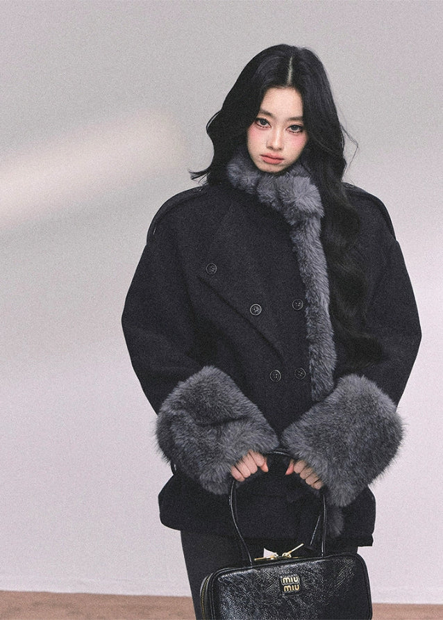 fur trim winter coat women, french luxury padded jacket, plush warm cotton coat, black winter fur jacket, fw25 warm outerwear, double breasted plush coat, korean winter padded jacket women, elegant fur trim jacket, late autumn warm coat
