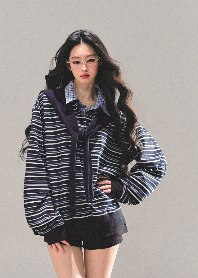 striped polo shirt women, fake two piece top, american style striped tee, layered polo collar shirt, autumn winter striped top, preppy stripe long sleeve, fw25 layered shirt women, korean retro stripe top, oversized stripe polo tee
