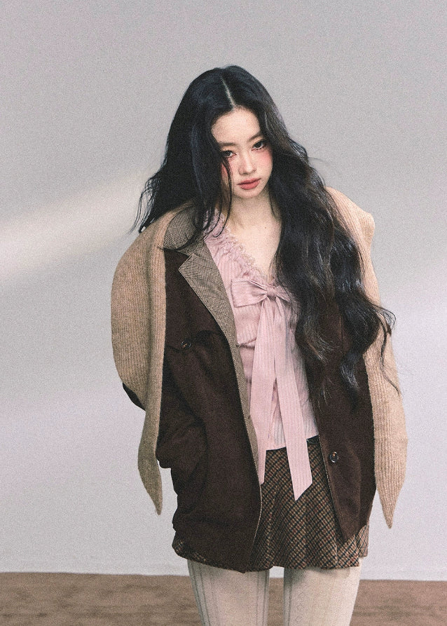 french bow blouse women, striped lace shirt, pink ribbon top slim fit, autumn long sleeve blouse, high end french shirt women, fw25 lace bow blouse, satin bow top women, slim striped blouse, romantic lace ruffle shirt
