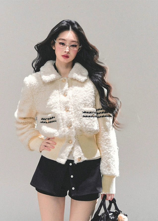 korean plush jacket women, cream wool padded coat, thickened winter jacket, skinny fit winter top, ivory fluffy jacket, warm padded sweater coat, fw25 korean fashion, soft plush winter coat, wool blend padded top, winter korean outerwear
