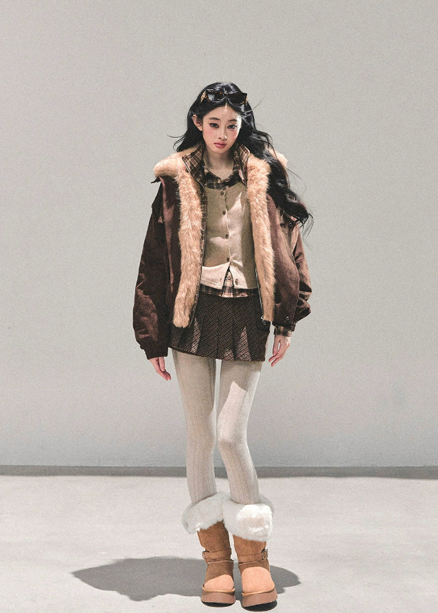 brown padded jacket women, faux two piece jacket, plaid layered coat, thickened winter jacket, american style cotton coat, fur trim autumn jacket, warm winter outerwear women, padded plaid jacket, korean vintage winter coat, fw25 fashion
