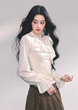 lace ruffle knit top women, fake two piece french shirt, autumn white lace blouse, slimming long sleeve knit, moonlight lace top, fw25 french knitwear, frill front knit shirt, ivory lace sleeve top, elegant ruffle knit women
