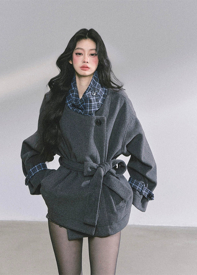 wool belted blazer, plaid collar wool coat, French tweed jacket women, Korean academia jacket, oversized wool top women, fall winter wool blazer, elegant wrap coat women, chic plaid lining jacket, boutique woolen outerwear, Korean fashion blazer, loose slimming wool coat, tweed overcoat women, autumn french style coat, high-end wool jacket women, 2025 fall fashion outerwear

