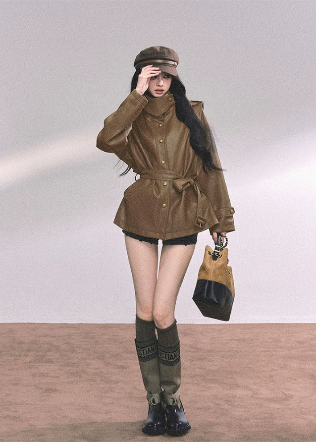 pu leather jacket women, british style moto coat, belted faux leather jacket, autumn winter leather top, cool wind motorcycle jacket, black brown pu jacket, fw25 street outerwear, loose fit leather jacket women, military button pu coat
