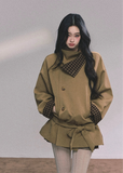 plaid trench coat women, stand collar trench coat, french style coat women, british style blazer coat, oversized autumn coat women, plaid lined jacket, korean fashion coat, loose fit trench coat, fall winter outerwear women, double breasted coat women, chic plaid trim coat, high neck trench jacket
