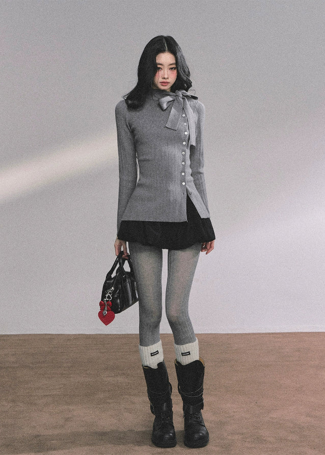 bow knit top, ribbon collar knit shirt, long sleeve knit cardigan women, french style knit top, korean bow sweater, slim fit winter knit top, elegant ribbon blouse, soft knit bow cardigan, layered knit top women, preppy bow collar top, winter knitted blouse, gray knit cardigan top
