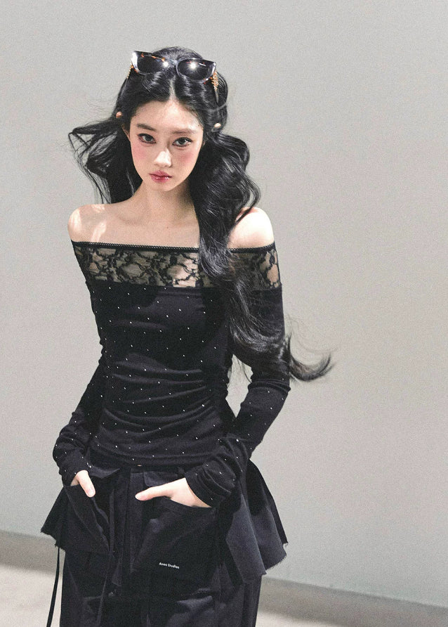 off shoulder lace top women, polka dot mesh shirt, autumn winter lace blouse, sheer neckline long sleeve top, korean off shoulder lace tee, hot girl winter top, fw25 lace mesh shirt, black white lace top women, elegant off shoulder blouse
