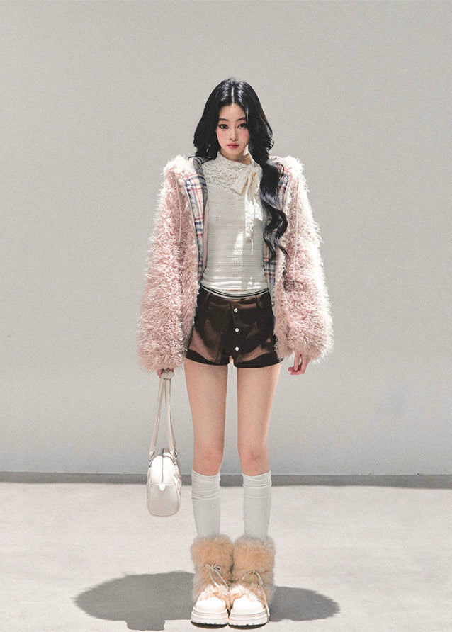 pink lambswool jacket, thickened padded coat women, hooded plush winter jacket, lambcore fluffy coat, korean winter pink jacket, soft girl winter coat, warm padded outerwear women, fw25 plush jacket, hooded lambswool top, pink fluffy winter jacket
