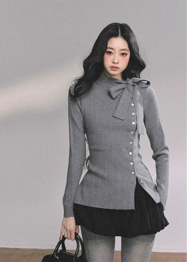 bow knit top, ribbon collar knit shirt, long sleeve knit cardigan women, french style knit top, korean bow sweater, slim fit winter knit top, elegant ribbon blouse, soft knit bow cardigan, layered knit top women, preppy bow collar top, winter knitted blouse, gray knit cardigan top
