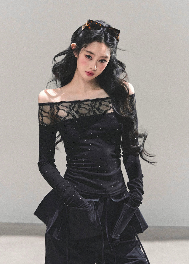off shoulder lace top women, polka dot mesh shirt, autumn winter lace blouse, sheer neckline long sleeve top, korean off shoulder lace tee, hot girl winter top, fw25 lace mesh shirt, black white lace top women, elegant off shoulder blouse
