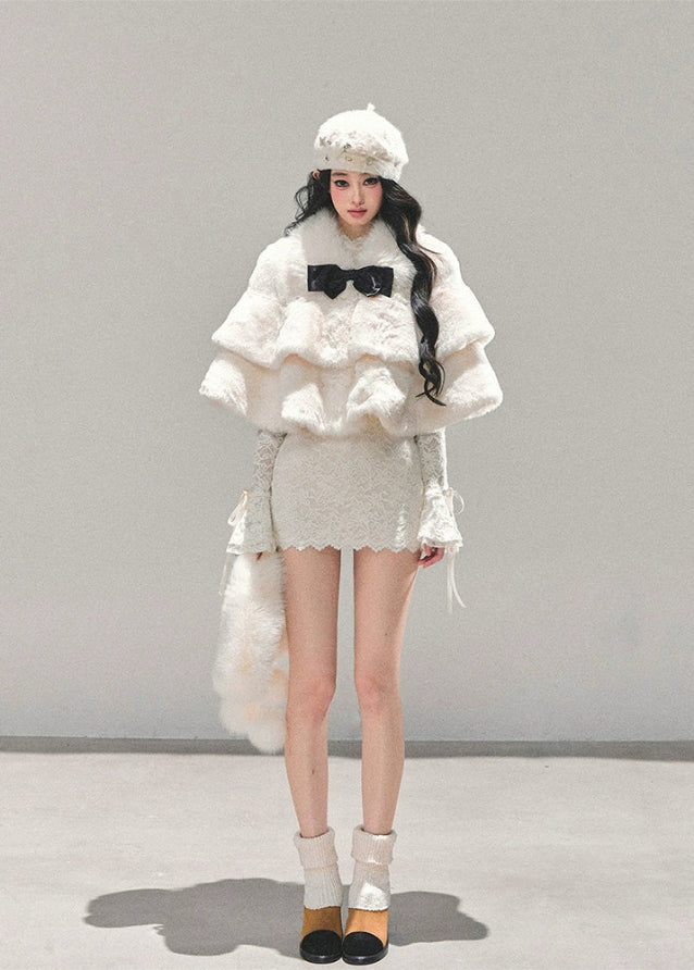 french cape coat women, winter plush cape, white christmas coat, soft warm cape jacket, daughter style winter outfit, fluffy winter top women, fw25 plush outerwear, korean winter cape, snow white cape coat, christmas winter fashion
