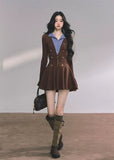 knitted dress women, fake two piece dress, plaid collar mini dress, french style knit dress, autumn winter knitwear, preppy dress women, double button knit dress, korean fashion mini dress, brown knit onepiece, layered collar dress women, elegant fall dress, soft knit mini dress
