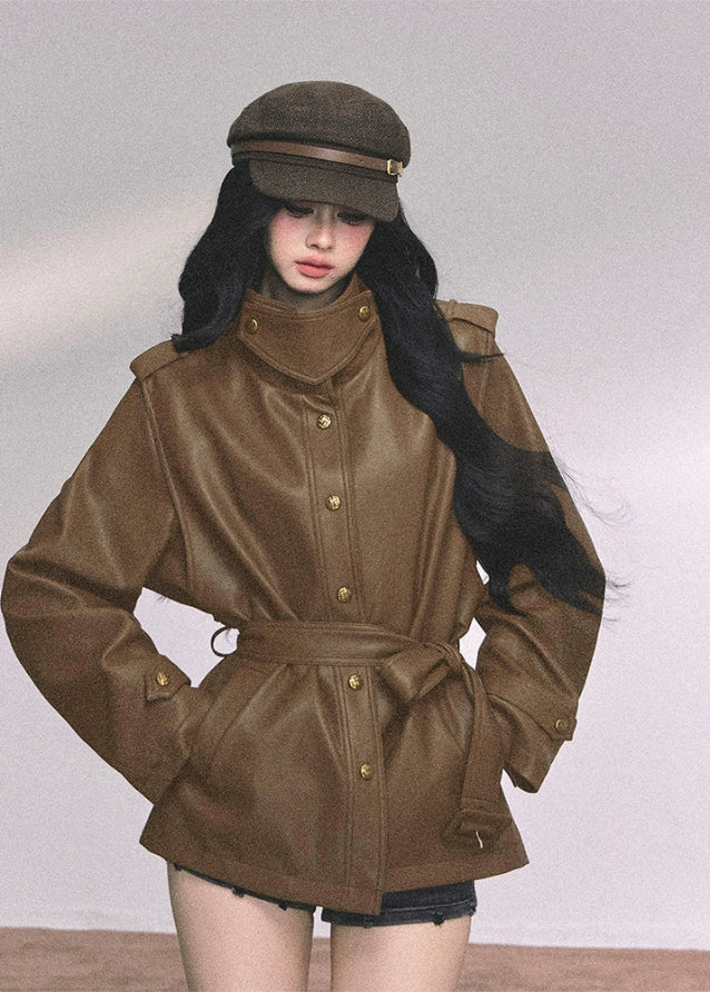 pu leather jacket women, british style moto coat, belted faux leather jacket, autumn winter leather top, cool wind motorcycle jacket, black brown pu jacket, fw25 street outerwear, loose fit leather jacket women, military button pu coat
