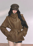 pu leather jacket women, british style moto coat, belted faux leather jacket, autumn winter leather top, cool wind motorcycle jacket, black brown pu jacket, fw25 street outerwear, loose fit leather jacket women, military button pu coat
