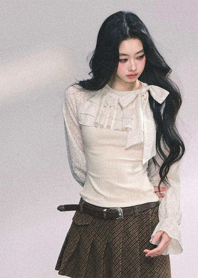 lace ruffle knit top women, fake two piece french shirt, autumn white lace blouse, slimming long sleeve knit, moonlight lace top, fw25 french knitwear, frill front knit shirt, ivory lace sleeve top, elegant ruffle knit women

