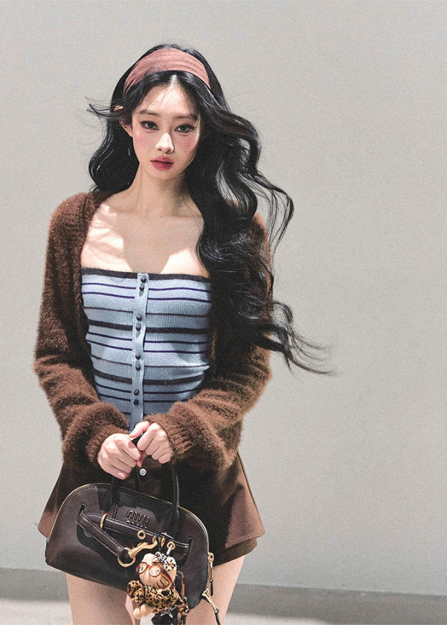 striped knit tube top, blue knit vest women, strapless knit top, spice girl style top, ribbed corset knit, autumn winter knit tank, blue stripe bustier top, fw25 street knitwear, korean knit tube shirt, fitted knit vest women
