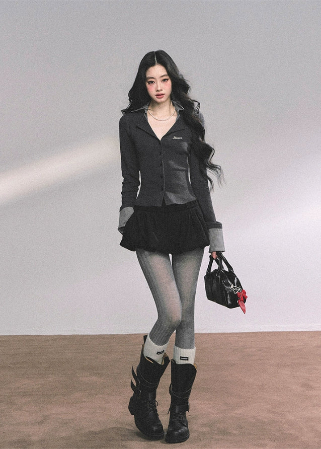 fake two knit top women, plaid collar knit shirt, contrast knit blouse, slim waist knit top, autumn long sleeve knit, schoolgirl plaid top, preppy knit shirt women, fw25 plaid knit
