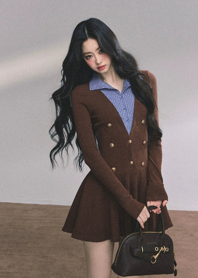 knitted dress women, fake two piece dress, plaid collar mini dress, french style knit dress, autumn winter knitwear, preppy dress women, double button knit dress, korean fashion mini dress, brown knit onepiece, layered collar dress women, elegant fall dress, soft knit mini dress
