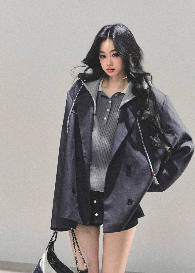 fake two piece blazer women, hooded preppy blazer, minimalist layered jacket, autumn winter preppy coat, oversized silhouette blazer, korean preppy fashion, hooded faux layer top, fw25 womens outerwear, casual campus blazer, layered street jacket

