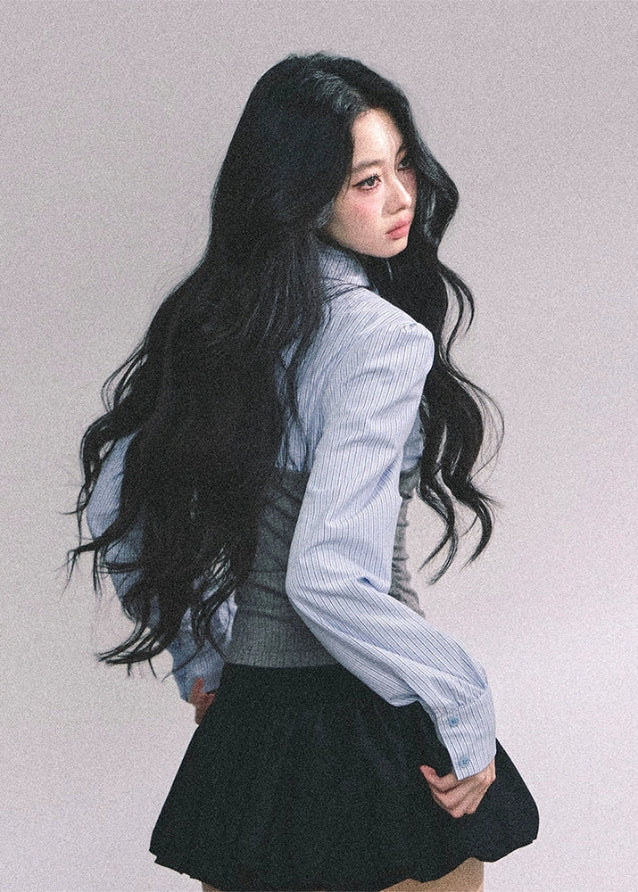 fake two piece college top, striped polo shirt women, knitted corset layer top, autumn preppy long sleeve, slimming academic shirt, fw25 school style top, american striped blouse, layered polo knit top, cinched waist striped shirt
