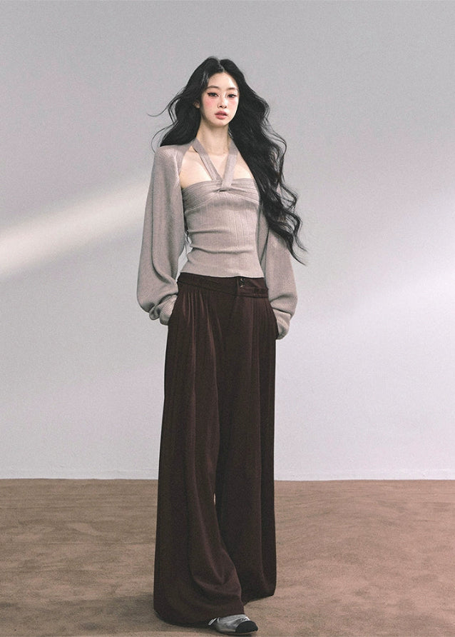 halter knit top set, two piece knit shawl, french style knit shirt, autumn halterneck knit, high end knitwear women, fw25 knit set, ribbed halter top women, layered knit long sleeve, elegant knit two piece outfit
