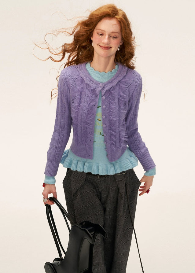 ruffle neck knit cardigan, hollow knit sweater women, fall 2025 knit cardigan, gentle feminine knitwear, korean soft street fashion, long sleeve ruffle sweater, romantic fall cardigan women, casual elegant knit jacket, nowa tokyo feminine knit top
